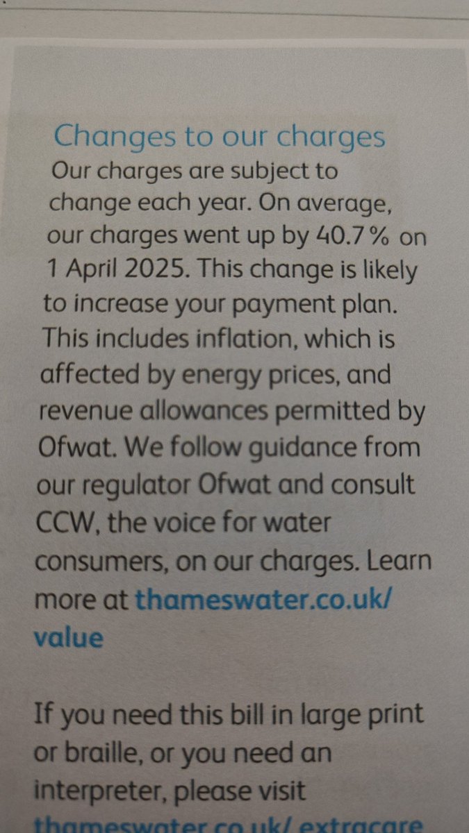 Poppyjuice's tweet image. Fuck my boots.
I've just got my water bill from @thameswater
They increased my standing charges by 40.7%!
Paying through the nose for the privilege of having effluent pumped into the waterways and filling shareholders and execs pockets with cash.
Fucking robbers 🤬🤬🤬