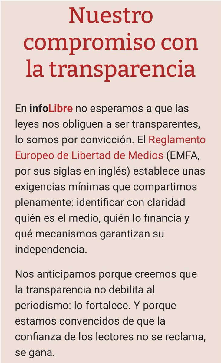 Desde <a href="/_infoLibre/">infoLibre</a> nos adelantamos al Reglamento Europeo de Libertad de Medios con un ejercicio de TRANSPARENCIA TOTAL: nuestros accionistas, los intereses de los directivos… Esta semana todo en abierto para quien quiera conocernos.
infolibre.es/transparencia/