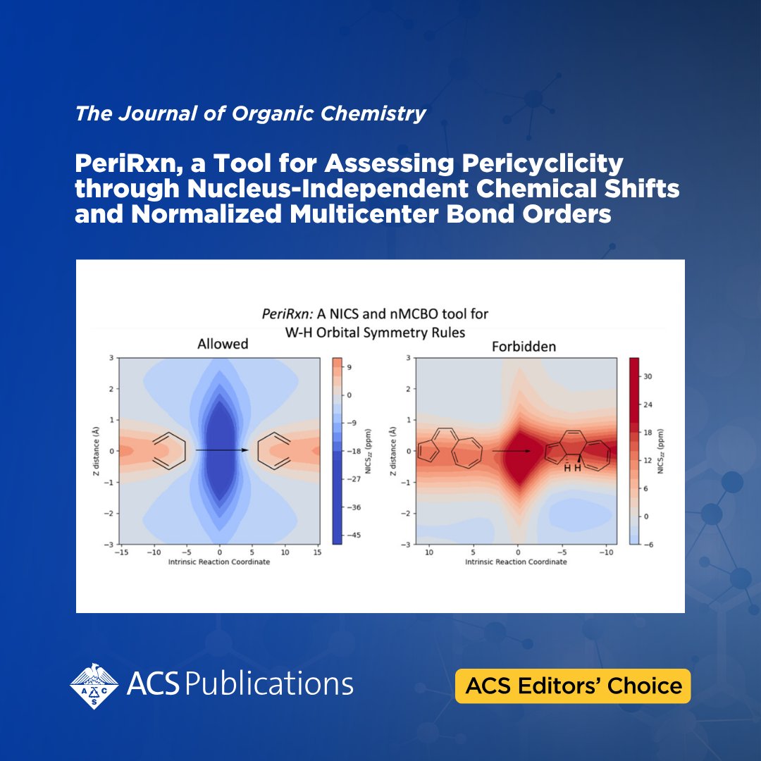 ACSPublications's tweet image. 'PeriRxn, a Tool for Assessing Pericyclicity through Nucleus-Independent Chemical Shifts and Normalized Multicenter Bond Orders' from The Journal of Organic Chemistry is currently free to read as an #ACSEditorsChoice.
📖 Read the article: go.acs.org/cWc