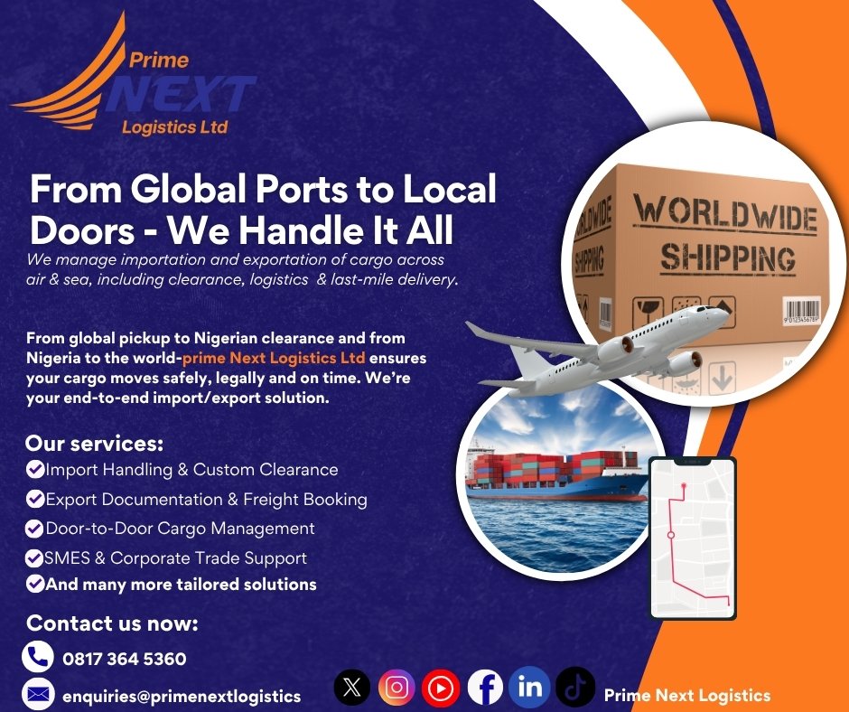𝗬𝗼𝘂𝗿 𝗘𝗻𝗱-𝘁𝗼-𝗘𝗻𝗱 𝗜𝗺𝗽𝗼𝗿𝘁 &amp; 𝗘𝘅𝗽𝗼𝗿𝘁 𝗣𝗮𝗿𝘁𝗻𝗲𝗿
At 𝗣𝗿𝗶𝗺𝗲 𝗡𝗲𝘅𝘁 𝗟𝗼𝗴𝗶𝘀𝘁𝗶𝗰𝘀 𝗟𝘁𝗱, we manage the full cycle of international trade — 𝗳𝗿𝗼𝗺 𝗼𝘃𝗲𝗿𝘀𝗲𝗮𝘀 𝗽𝗶𝗰𝗸𝘂𝗽 𝘁𝗼 𝗰𝘂𝘀𝘁𝗼𝗺𝘀 𝗰𝗹𝗲𝗮𝗿𝗮𝗻𝗰𝗲, 𝗮𝗻𝗱 𝗳𝗿𝗼𝗺 𝗲𝘅𝗽𝗼𝗿𝘁
