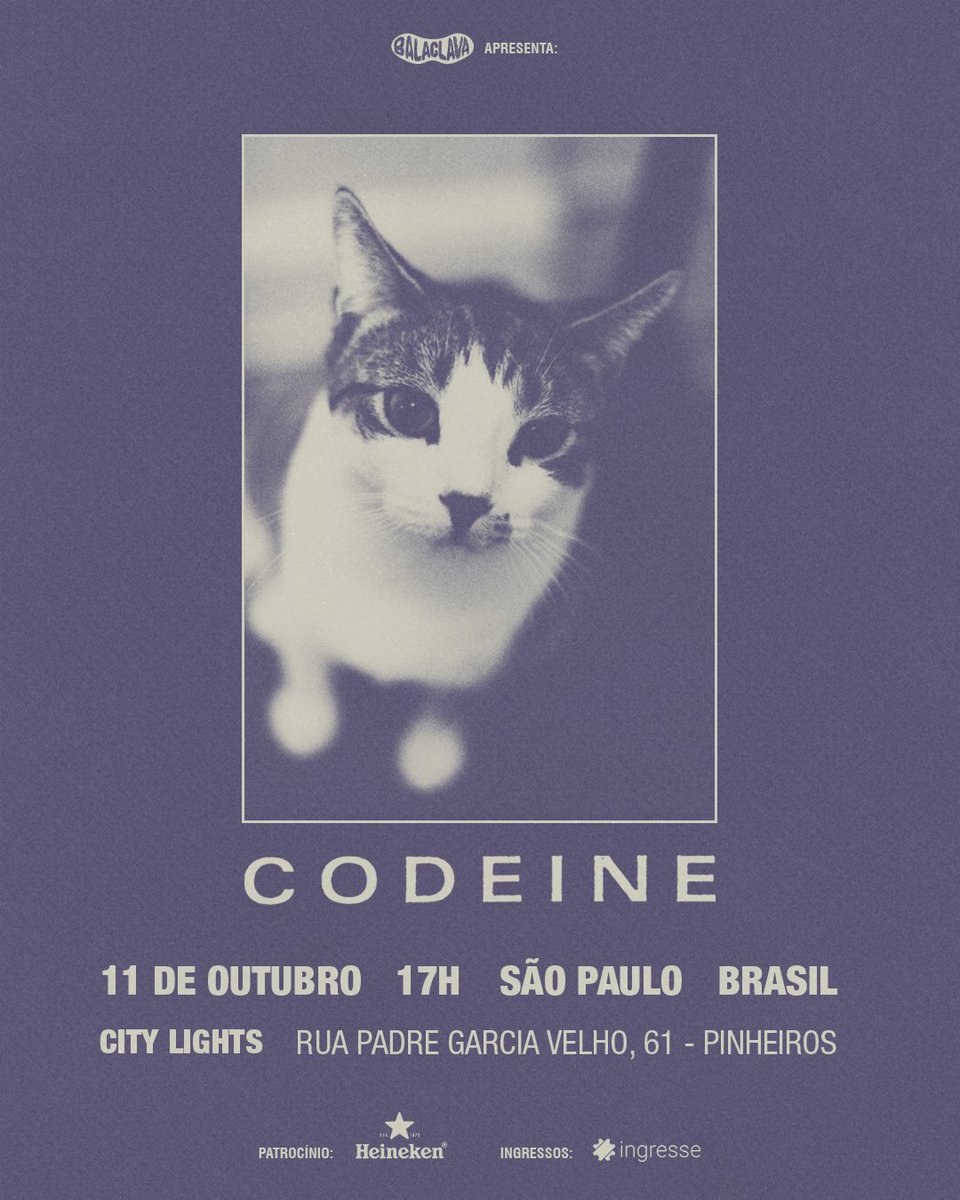 CODEINE NO BRASIL!!!
Ingressos à venda (capacidade limitada) ingresse.com/codeine-sp

Honra máxima em anunciarmos a vinda inédita ao Brasil da icônica banda norte-americana Codeine, um dos principais nomes da cena alternativa underground dos anos 90 e ícones no gênero slowcore.