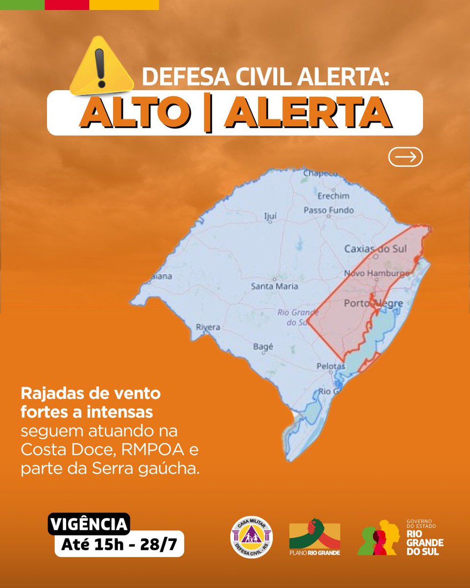 DefesaCivilRS's tweet image. Defesa Civil alerta para condição de rajadas de vento fortes a intensas atuando na Costa Doce, RMPOA e parte da Serra. Risco ALTO de queda de árvores e energia. Válido até 15h do dia 28 de julho. Evite áreas de risco. Emergência ligue 190/193.