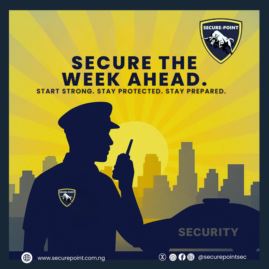 SecurePoint Security Solutions Limited (@securepointsec) on Twitter photo ๐Secure the week ahead with confidence.
From executive protection to facility management, SecurePoint has your back.
Start strong. Stay protected. Stay prepared.
๐ info@securepoint.com.ng
๐ +234 817 990 0399
#SecurePoint #SecurityNigeria #MondayMotivation #StaySafe #Security ๐Secure the week ahead with confidence.
From executive protection to facility management, SecurePoint has your back.
Start strong. Stay protected. Stay prepared.
๐ info@securepoint.com.ng
๐ +234 817 990 0399
#SecurePoint #SecurityNigeria #MondayMotivation #StaySafe #Security
