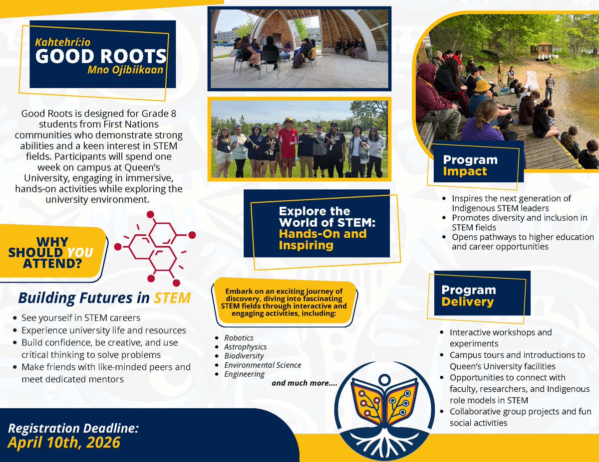 AnishNation's tweet image. The First Nations STEM Futures Academy is a program for students who live in First Nations communities and are entering grade 9 in the fall who also have a passion for STEM.
Good Roots STEM Immersion Week is a week on campus for grade 8 students living in First Nations…