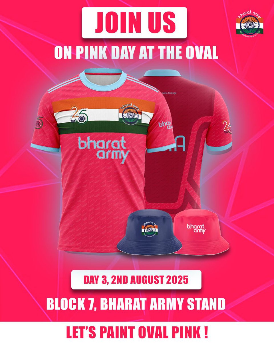 thebharatarmy's tweet image. ๐ฉท Day 3 @surreycricket will be #Pink4Pete day as we paint Block 7 Pink raising money and awareness for @LymphomaAction - Join us and show your support;
Donate here: gofund.me/db2fb5a5
Purchase Pink Jerseys here: bashop.bharatarmy.com/products/bharaโฆ (Order by Tuesday 29th for deliveryโฆ
