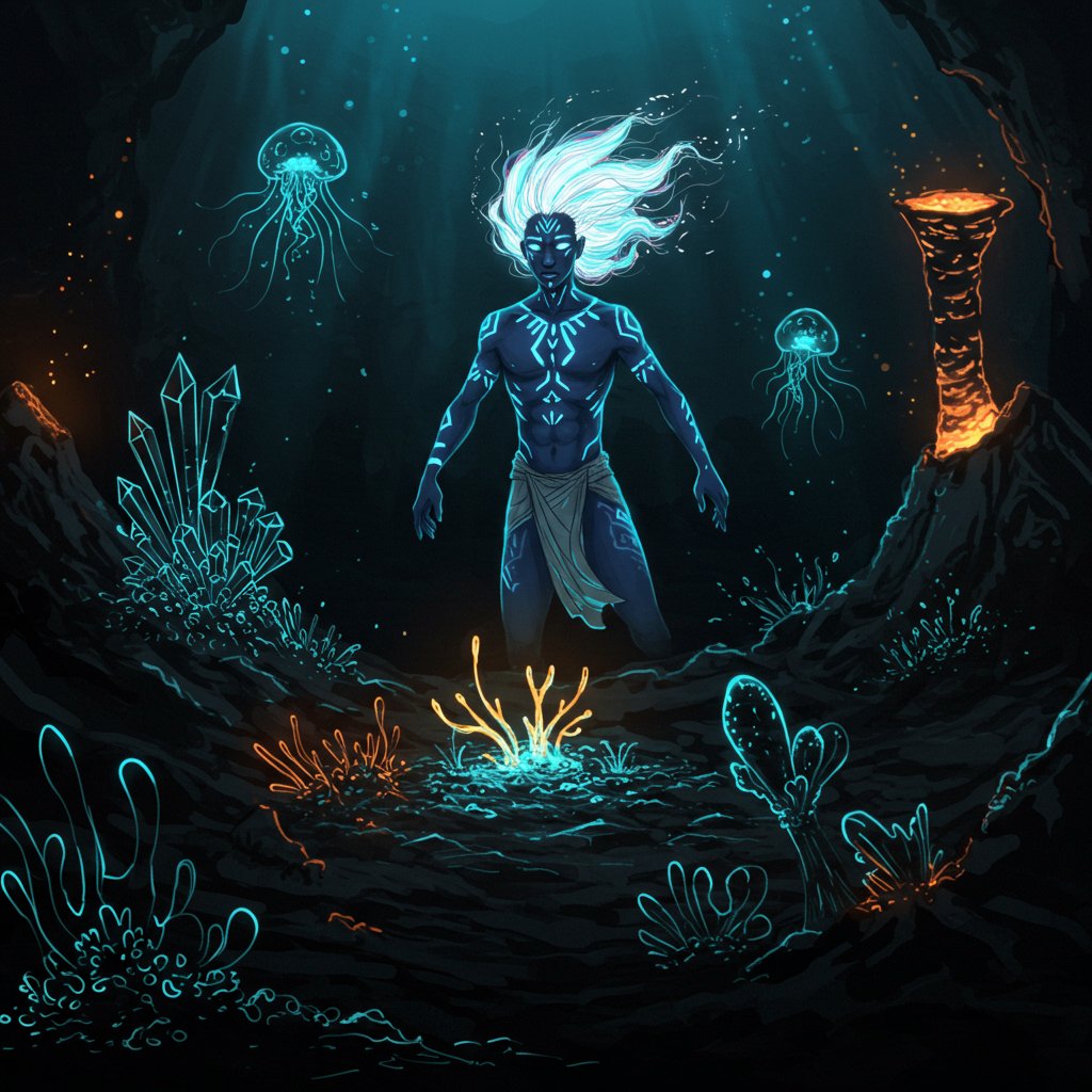 ElOgiso's tweet image. 🔥 Join the Azurai Tribe on @AccessProtocol with sol
In "Abyssal Azure Rite," a resplendent Azurai, with vibrant blue skin and glowing ancestral markings, performs a timeless ritual deep within the ocean's mystical trenches, his ethereal form bathed in the surreal glow of…