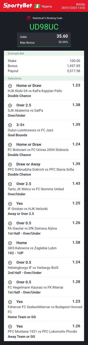 STATISTICALLY_'s tweet image. SPORTYBET

MIXED MARKET⚽️🔥

UD98UC

📌3️⃣5️⃣+ ODDS

💥💥💥💥💥💫💫💫💫💫🍀🍀🍀🍀🍀✅️✅️✅️✅️✅️

RISKY🔞 STAKE RESPONSIBLY
@woozzaabets