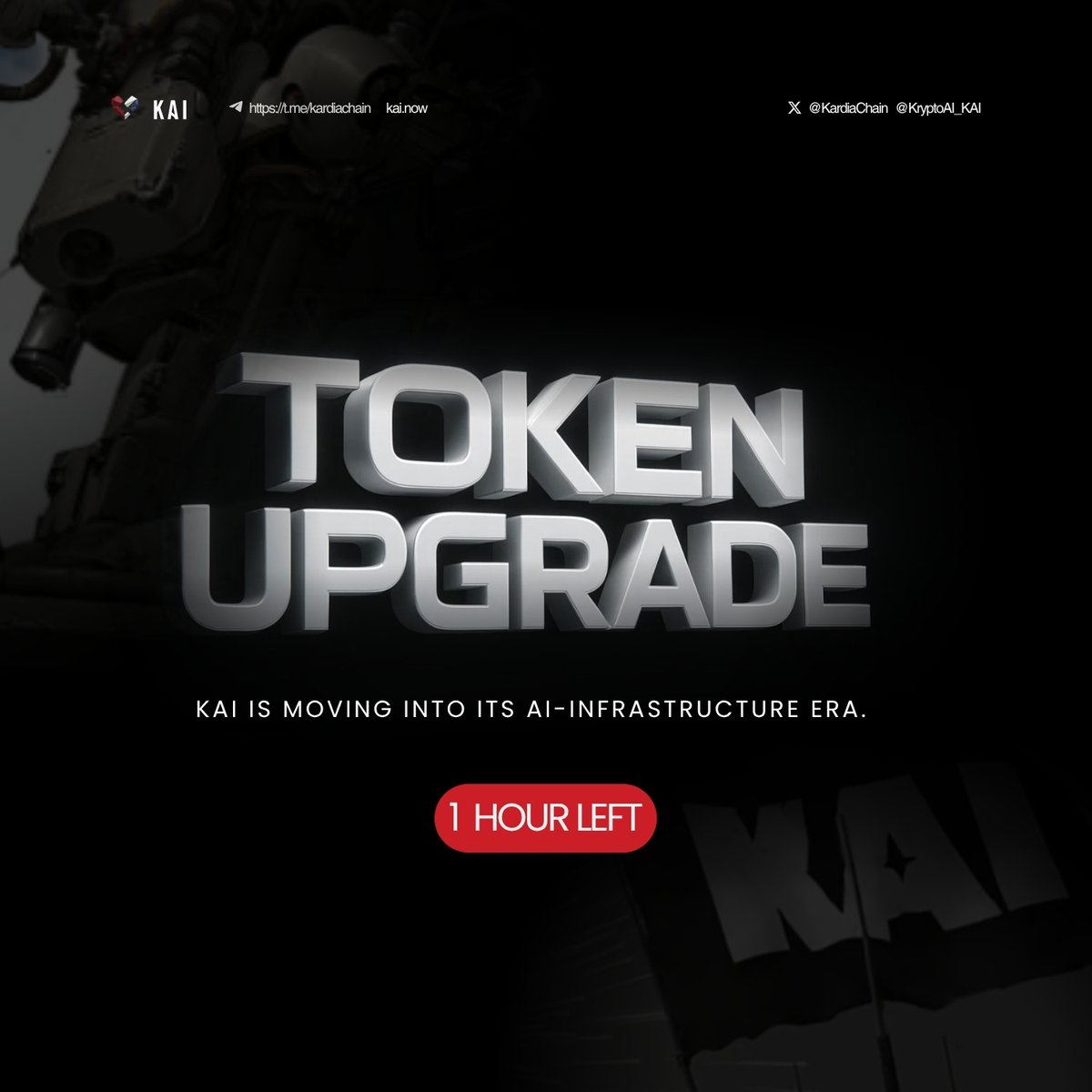 🚨1 Hour Left to Upgrade to KAI 2.0🚨

This is your final call.

The upgrade window closes in 1 hour. If you're still holding or staking legacy $KAI, act now to secure your place on the new chain.

Follow the official steps:
x.com/KardiaChain/st…

After this, a new process will