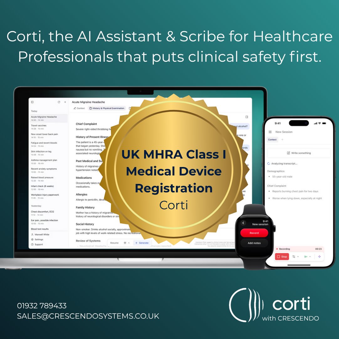 More great news from <a href="/corti_ai/">Corti</a> HQ, as they have now achieved Class I Medical Device Registration for Corti Assistant.

Crescendo are a proud partner of Corti for their superior Healthcare AI Assistant &amp; Scribe. 

See all their certifications here - app.drata.com/trust/9cc6d701…