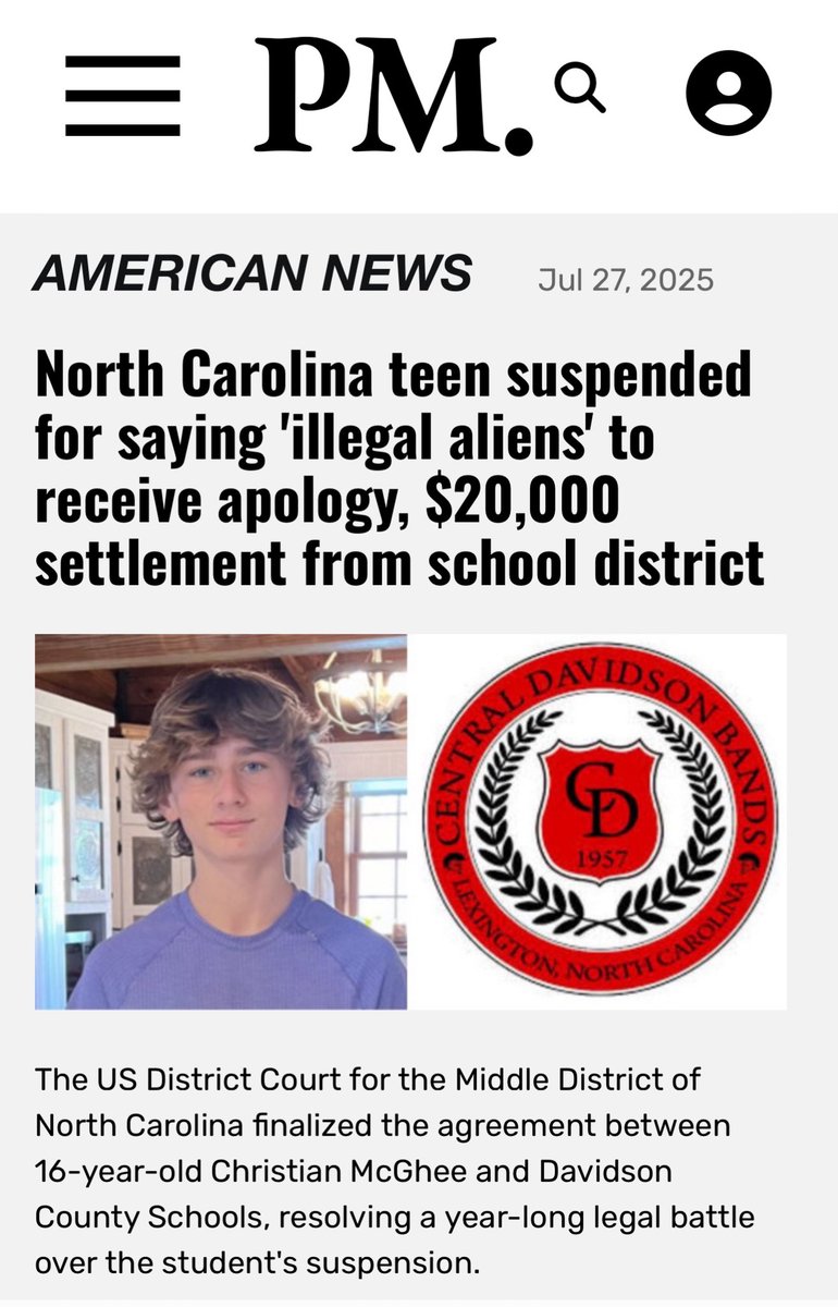 🔹16 year old high school student receives apology and $20k settlement

On Tuesday, the US District Court for the Middle District of North Carolina finalized the agreement between 16-year-old Christian McGhee and Davidson County Schools, resolving a year-long legal battle over