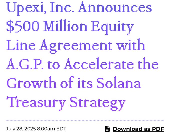 Upexi Inc. announces $500M equity line with A.G.P. to boost Solana treasury strategy