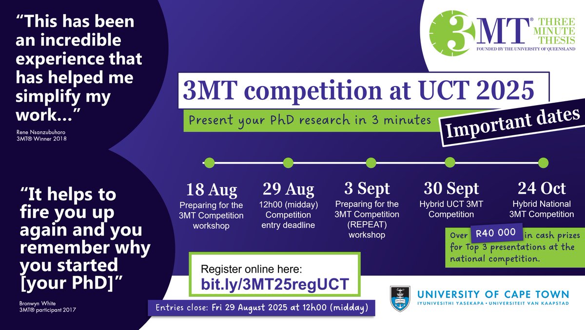 UCTpostgrads's tweet image. Are you a master&apos;s or PhD student @UCT_news with a research story to tell (i.e. you’re far enough in your research journey to have results to share)? Enter the @3MT_official UCT competition and stand a chance to win cash prizes.  Register online here: bit.ly/3MT25regUCT