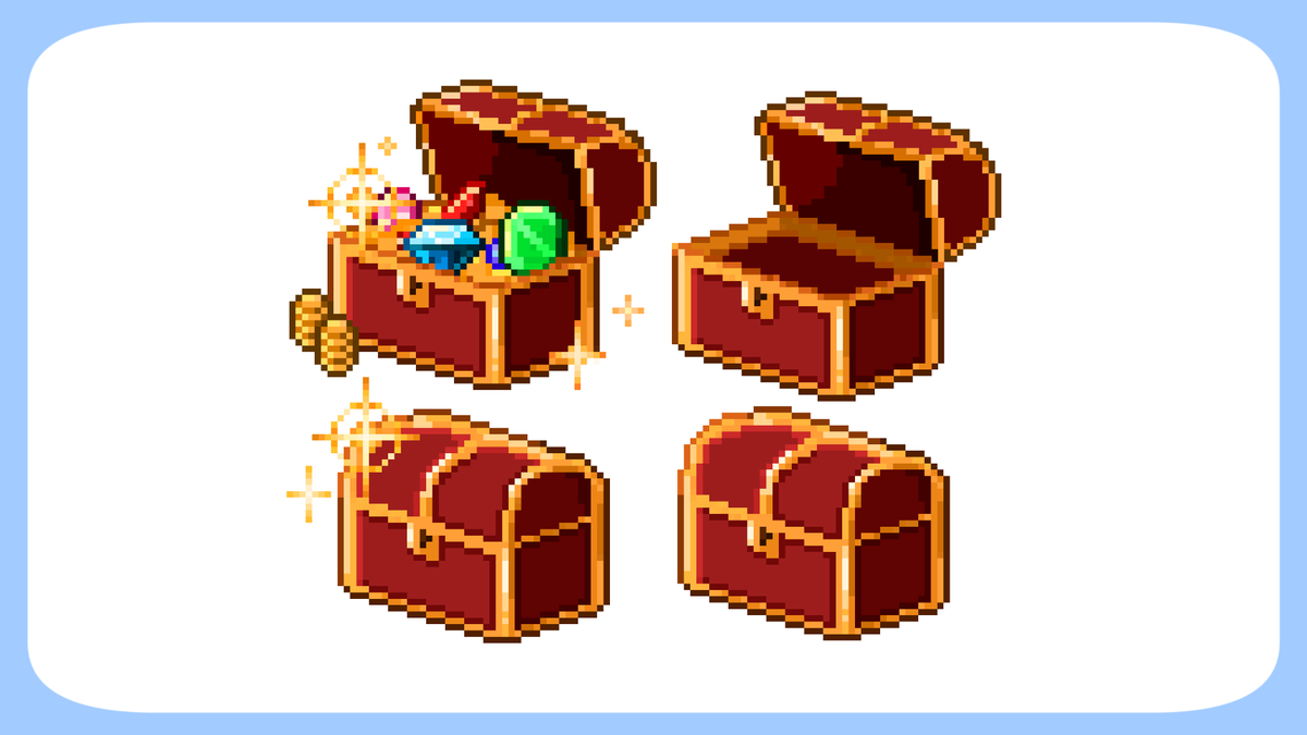 AOmaterial's tweet image. ［素材追加!］
ドット絵な宝箱全４種
aomaterial.com/2025/07/28/pxt…
ゲームっぽいドット絵な宝箱です！

その他ドット絵素材も多数配布中！
aomaterial.com/tag/pixcel/

フォロー、RT、いいねお待ちしております！
#Vtuber素材 #AOmaterial #フリー素材