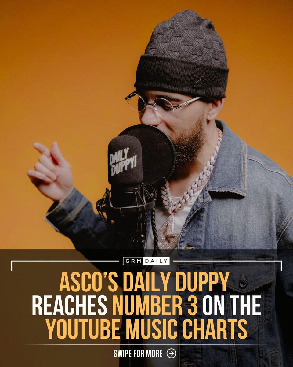 GRMDAILY's tweet image. Asco’s Daily Duppy has hit number 3 on YouTube’s UK Trending Music Videos chart! 🇬🇧📈 What was your favourite part of the freestyle?

🎥Click the link to watch the full freestyle: youtu.be/jykCW4Y30co?si…