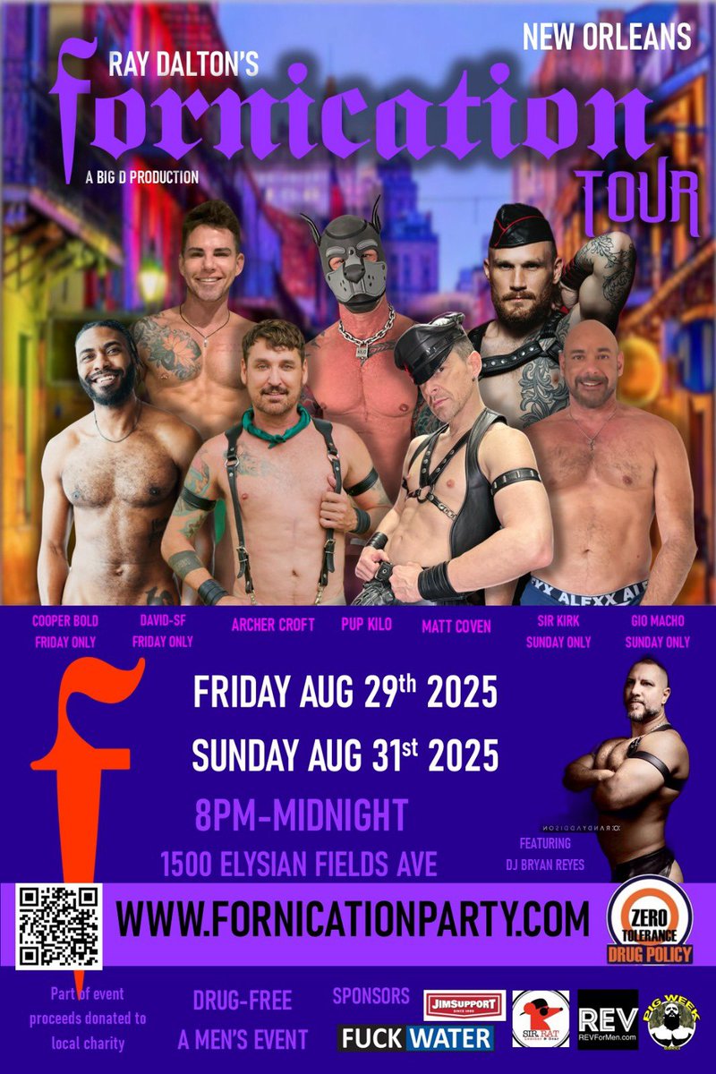 This Friday August 1st the Early Bird price ends for the 2 nights of Fornication fun when The F Tour pulls into New Orleans for Decadence with 5 #FornicationMen performing each night (Fri Aug 29 &amp; Sun Aug 31). Don’t miss the Big Easy, balls-draining fun! fornicationparty.com/new-orleans
