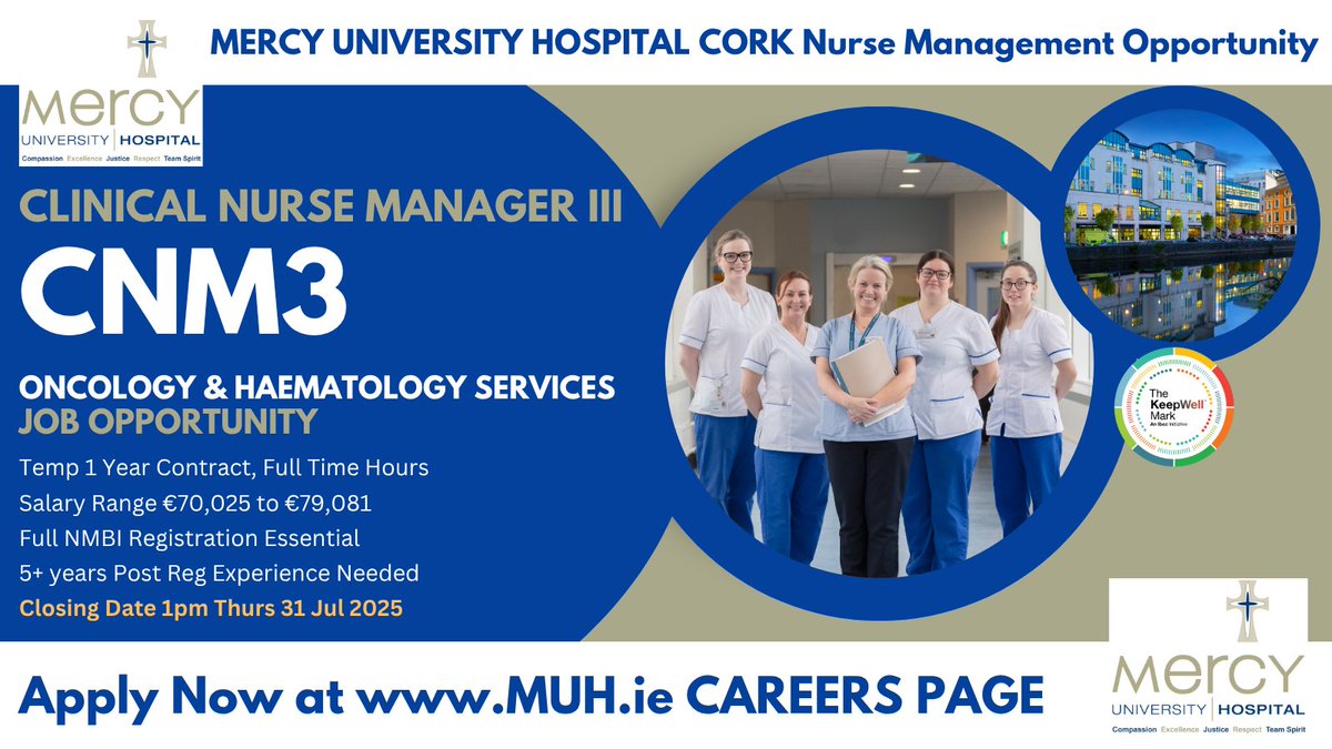 DeeORiordan8's tweet image. 📢Clinical Nurse Manager 3 (#CNM3) #Oncology #Haematology Job Opening at #MercyUniversityHospital CORK

It&apos;s more than a job - its a leadership opportunity in one of Ireland&apos;s most respected hospitals

Apply Now: api.occupop.com/.../clinical-n…

#HSEjobs #NHSJobs @Mercycork
