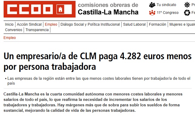 CCOO CLM #PrimerSindicato (@ccooclm) on Twitter photo 🔊 ¿Sabías qué?
Un empresario/a de CLM paga 4.282 euros menos por persona trabajadora.
Las empresas de la región están entre las que menos costes laborales tienen por trabajador/a de todo el país. 🔊 ¿Sabías qué?
Un empresario/a de CLM paga 4.282 euros menos por persona trabajadora.
Las empresas de la región están entre las que menos costes laborales tienen por trabajador/a de todo el país.