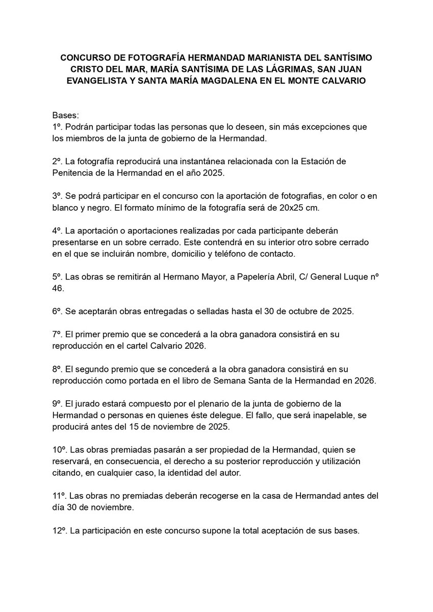 Recordatorio del concurso de fotografía para el Miércoles Santo 2026.