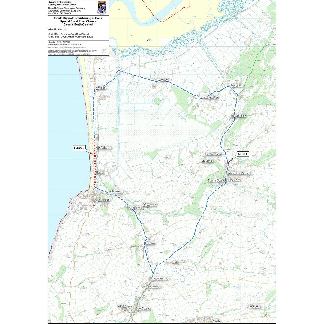 CeredigionCC's tweet image. 📣 Road closures

The B4353 road will be closed temporarily for the Borth Carnival on 1 August.