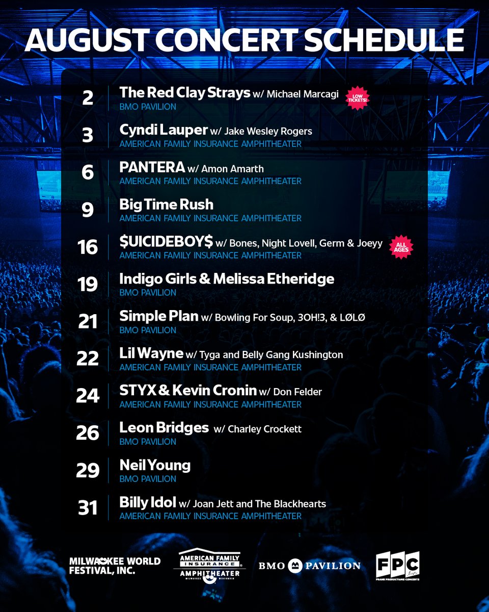 BMO Pavilion (@bmopavilion) on Twitter photo Your August concert schedule is here, Milwaukee! ✨ See the hottest shows this upcoming month at the <a href="/AmFamAmp/">American Family Insurance Amphitheater</a> and <a href="/BMOPavilion/">BMO Pavilion</a>. 🔥
Get your tickets👇
amfamamp.com/concerts
bmopavilion.com/concerts Your August concert schedule is here, Milwaukee! ✨ See the hottest shows this upcoming month at the <a href="/AmFamAmp/">American Family Insurance Amphitheater</a> and <a href="/BMOPavilion/">BMO Pavilion</a>. 🔥
Get your tickets👇
amfamamp.com/concerts
bmopavilion.com/concerts