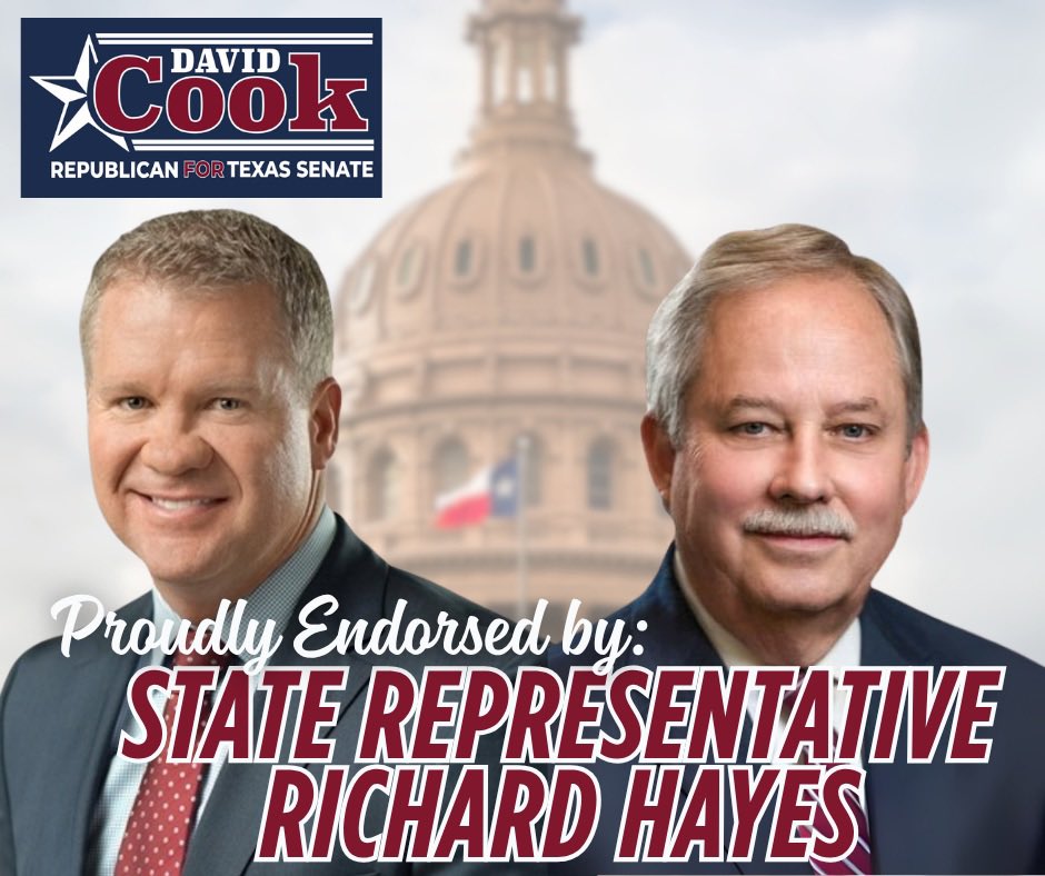 David Cook (@davidcooktexas) on Twitter photo I’m grateful for the endorsement of <a href="/RepRichardHayes/">Richard Hayes</a>, a principled conservative, respected legislator, and former parliamentarian for the Republican Party of Texas. His support is a strong vote of confidence in my mission to deliver for SD 22. #txlege I’m grateful for the endorsement of <a href="/RepRichardHayes/">Richard Hayes</a>, a principled conservative, respected legislator, and former parliamentarian for the Republican Party of Texas. His support is a strong vote of confidence in my mission to deliver for SD 22. #txlege