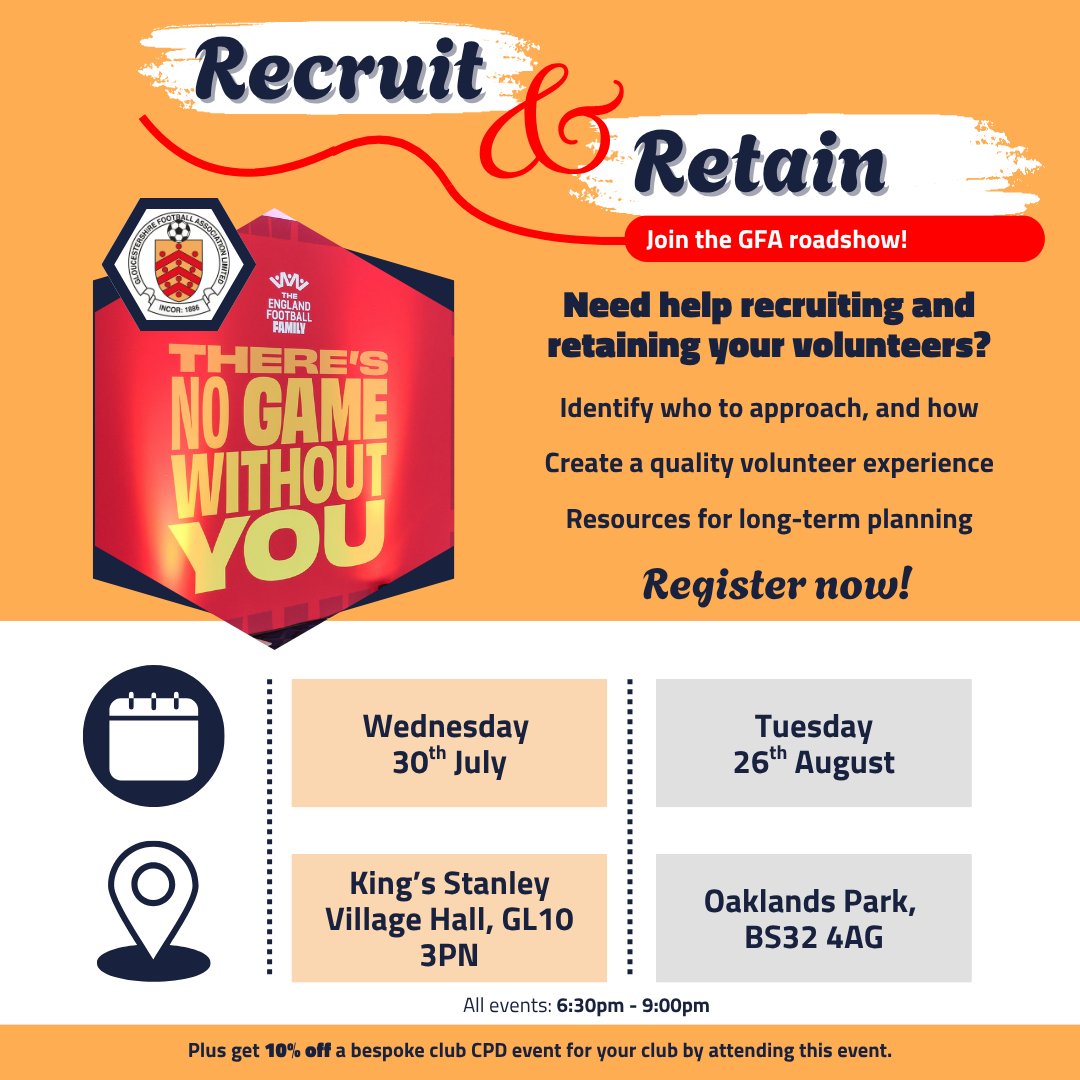 Join our Recruit &amp; Retain session this week for real, practical help for your club.

📅  Wednesday 30th July
, 6:30pm - 9:30pm
📍 King's Stanley
 Village Hall, GL10 3PN
🎟️  Sign up now: forms.office.com/e/LhKFi6v4zN