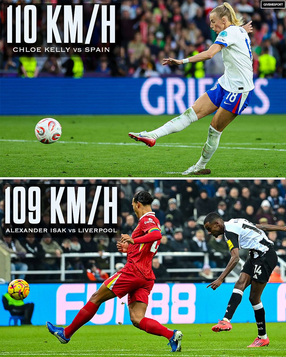 GiveMeSport's tweet image. Chloe Kelly’s winning penalty vs Spain was clocked at 110km/h 🚀

That’s faster than the most powerful shot in the Premier League last season 😳🔥