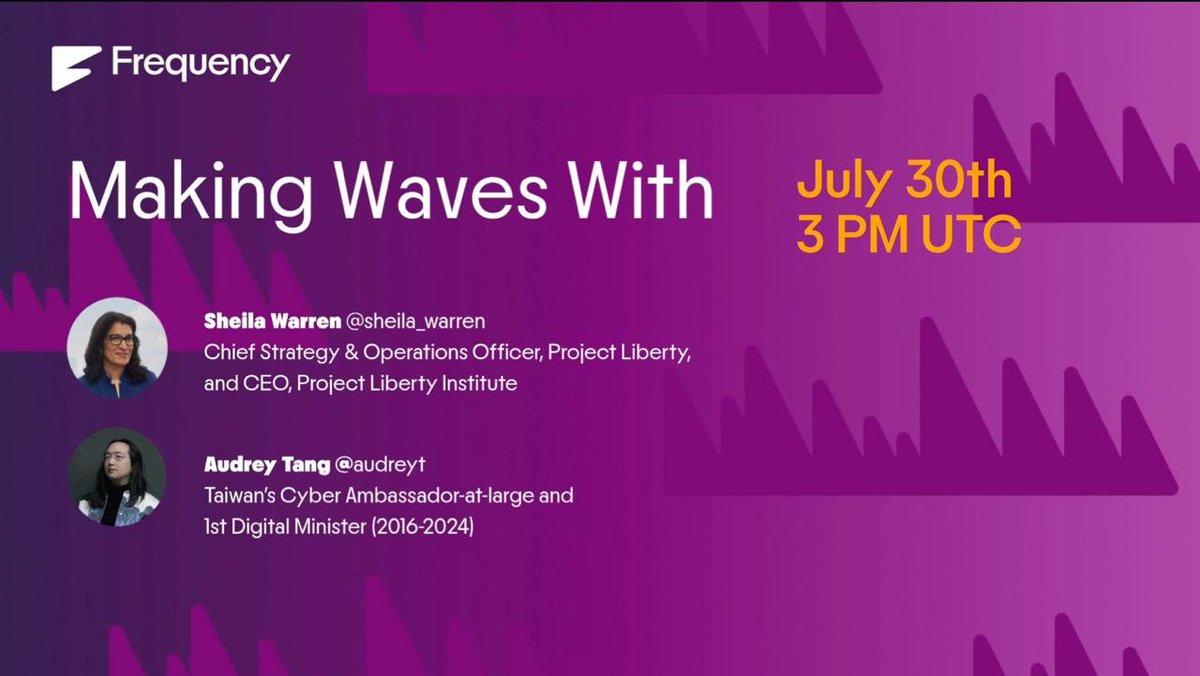 ⿻ Audrey Tang 唐鳳 (@audreyt) on Twitter photo Looking forward to Making Waves With <a href="/pro_jectliberty/">Project Liberty</a>’s <a href="/sheila_warren/">Sheila Warren</a>!🌊
Our podcast gets to grips with next-gen decentralized infrastructure, digital democracy, growing global calls for a more open internet & more.✅
Savour what promises to be a sumptuous edition & #LLAP🖖. Looking forward to Making Waves With <a href="/pro_jectliberty/">Project Liberty</a>’s <a href="/sheila_warren/">Sheila Warren</a>!🌊
Our podcast gets to grips with next-gen decentralized infrastructure, digital democracy, growing global calls for a more open internet & more.✅
Savour what promises to be a sumptuous edition & #LLAP🖖.