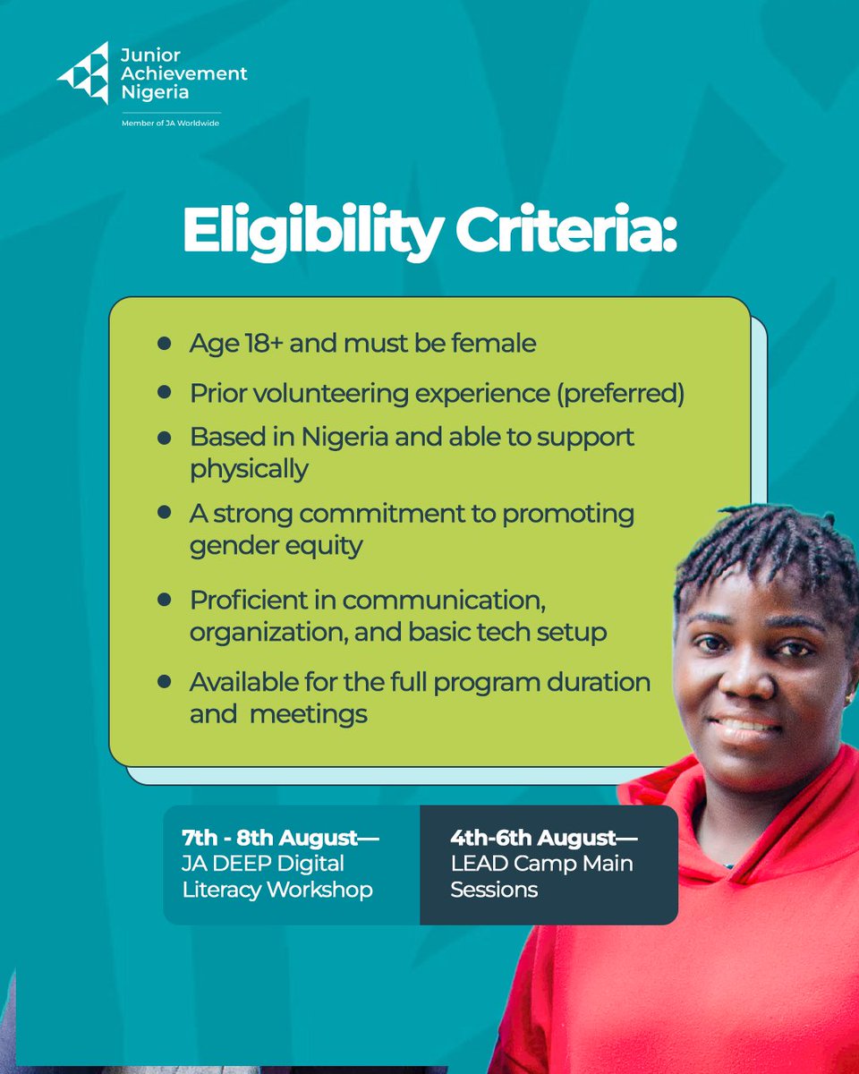 JANigeria's tweet photo. Calling all female leaders! Ready to inspire the next generation?  

Volunteer for LEAD Camp!

Empower young girls to be high-achieving women leaders, guiding impactful workshops. Make a profound impact!  
Register now: https://t.co/OhUifkULqD 
#LEADCAMP #Volunteer #JANigeria https://t.co/trdUNf6CI4