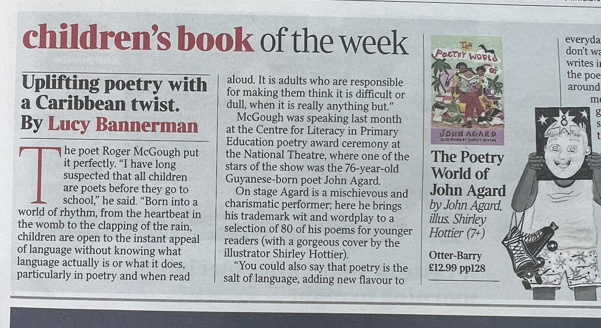 Charlotte Hacking (@charliehacking) on Twitter photo Amazing! Thank you <a href="/TimesLucy/">Lucy Bannerman</a> for picking The Poetry World of John Agard as Children’s Book of the Week. A joy and honour to work on this with John, Shirley Hottier, who breathes new life into these words with her incredible illustrations and <a href="/OtterBarryBooks/">Otter-Barry Books</a>…🥰 Amazing! Thank you <a href="/TimesLucy/">Lucy Bannerman</a> for picking The Poetry World of John Agard as Children’s Book of the Week. A joy and honour to work on this with John, Shirley Hottier, who breathes new life into these words with her incredible illustrations and <a href="/OtterBarryBooks/">Otter-Barry Books</a>…🥰