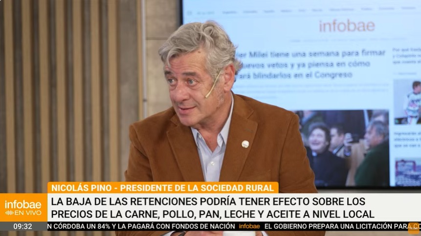 El presidente de la Sociedad Rural <a href="/NicolasPinoSRA/">Nicolás Pino</a> admite en INFOBAE que la baja de retenciones hará subir el precio de los alimentos

Para sorpresa de nadie