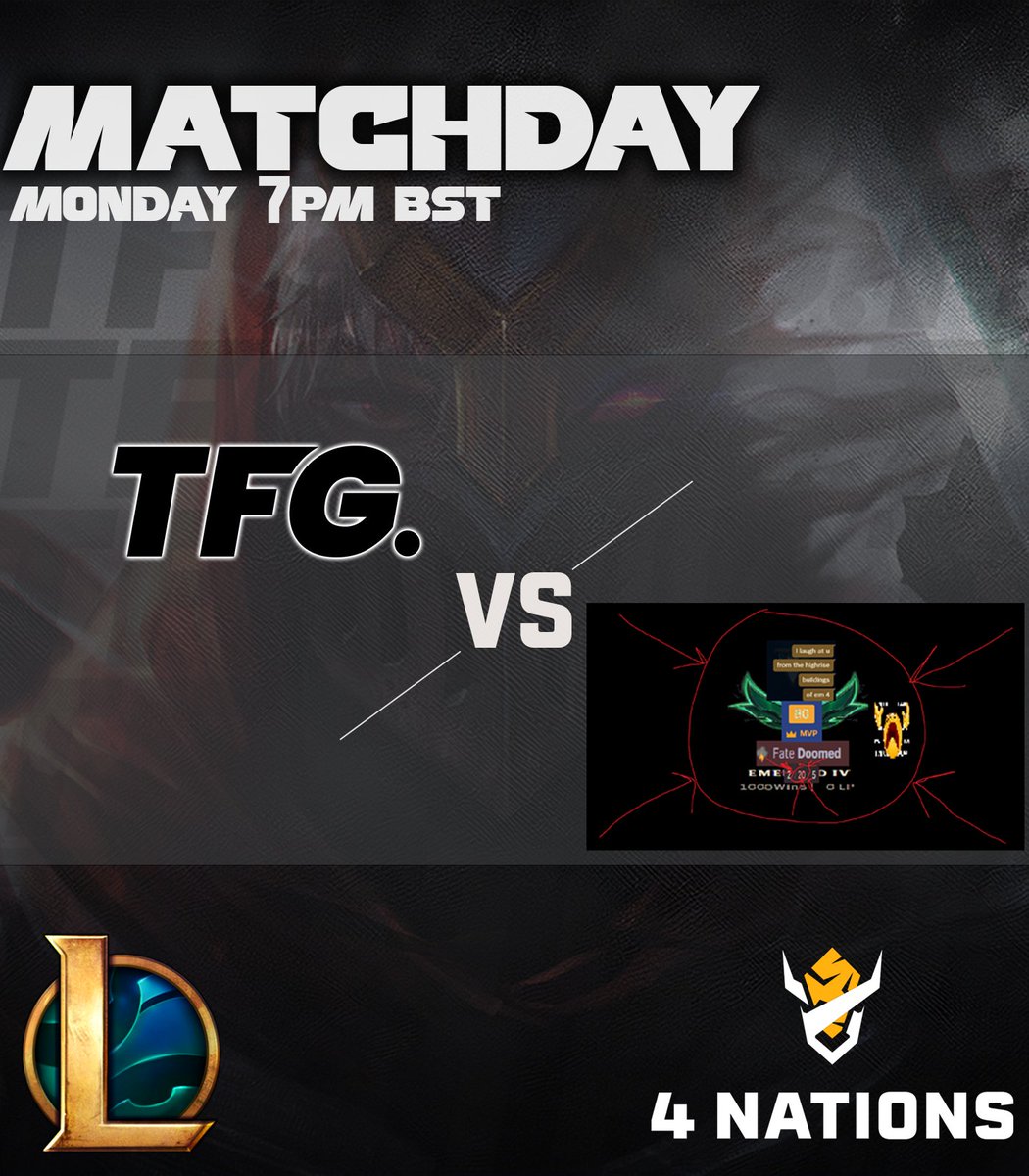 ThoseFriendlyGuys (@team_tfg) on Twitter photo Week 2 - Game 1
Tonight at 7PM BST we take on Fate Doomed.
POV Steam
PinGun (ADC) - twitch.tv/p1ngun
<a href="/TheUKEL/">4 Nations | The UK & Ireland's National League</a>
<a href="/LeagueOfLegends/">League of Legends</a> Week 2 - Game 1
Tonight at 7PM BST we take on Fate Doomed.
POV Steam
PinGun (ADC) - twitch.tv/p1ngun
<a href="/TheUKEL/">4 Nations | The UK & Ireland's National League</a>
<a href="/LeagueOfLegends/">League of Legends</a>