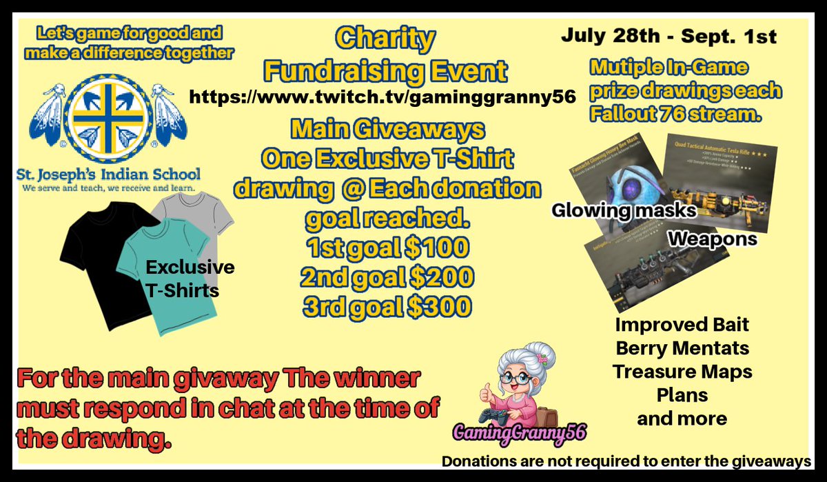 Fallout 76 and 7 Days to Die #Giveaway Event and Charity Event.  Don't miss all the fun. twitch.tv/gaminggranny56