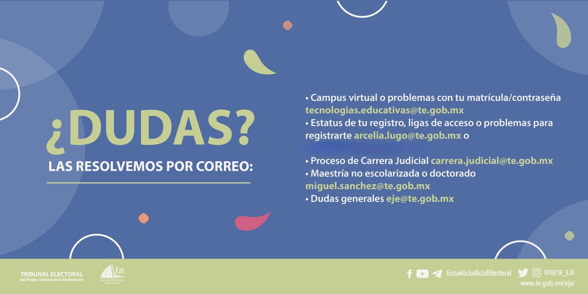 TEPJF_EJE's tweet image. ¿Tienes dudas sobre tu inscripción, matrícula o acceso al campus virtual?🤔¡Estamos aquí para ayudarte!
✉️ Escríbenos a nuestros correos electrónicos y resolveremos todas tus preguntas sobre el proceso de registro, la Carrera Judicial o programas académicos. #SomosEJE