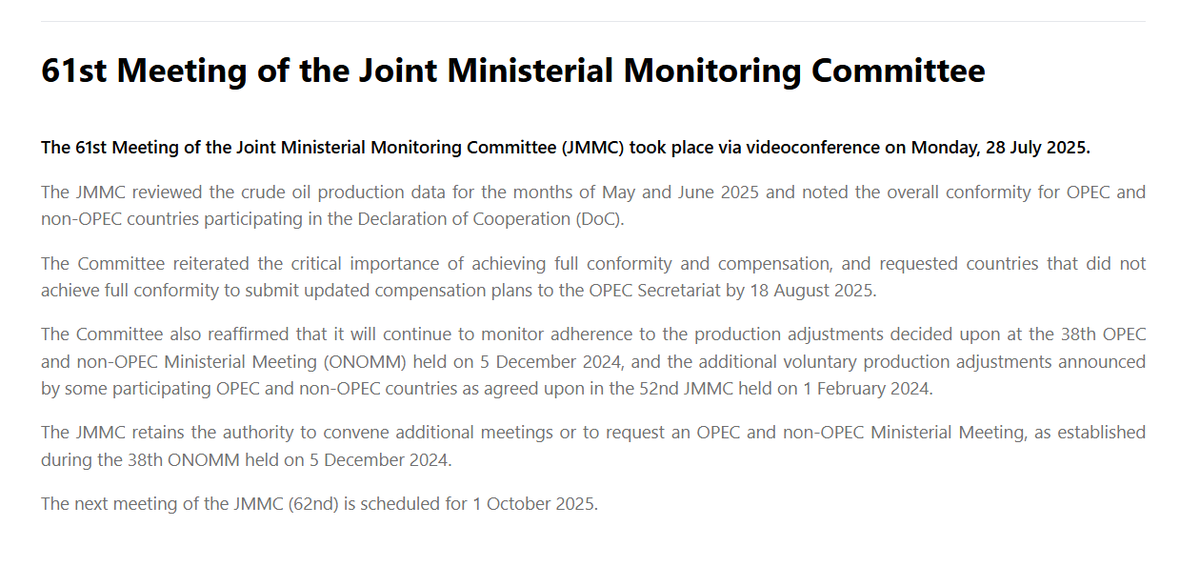 Energy_Tidbits's tweet image. As expected, no #Oil actions/changes come out of OPEC JMMC, which is Joint Ministerial Monitoring Committee. It monitors and does not set policy.   

#oott