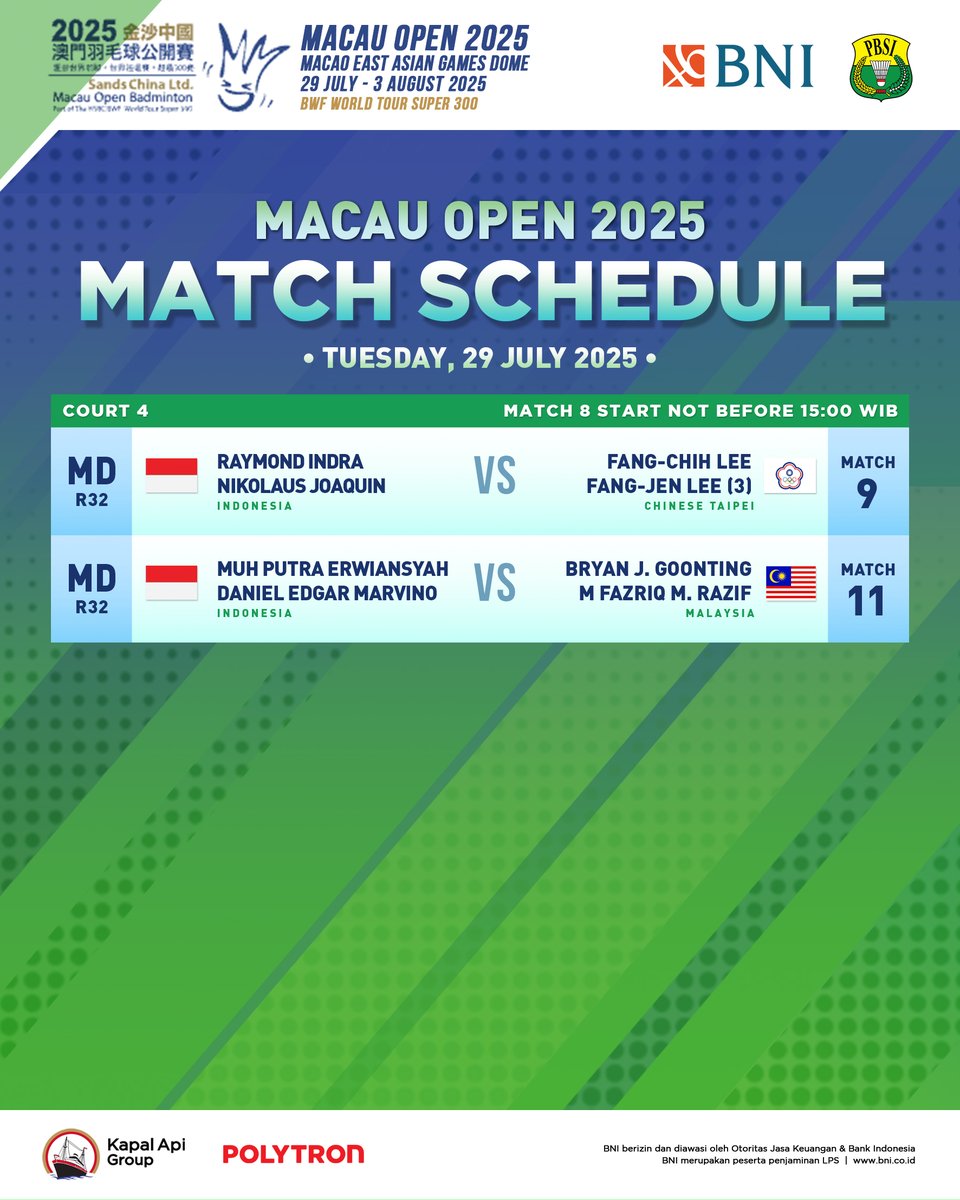 INABadminton's tweet image. 7 wakil Indonesia akan berjuang di hari pertama Macau Open 2025.

Yohanes Saut akan memulai dari babak kualifikasi, sementara 6 wakil lainnya akan bertanding di babak utama.

SEMANGAT!!

#BadmintonIndonesia
#MacauOpen2025