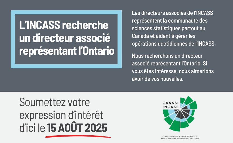 CANSSIINCASS's tweet image. L'INCASS recherche une personne pour occuper un poste de direction à titre de DIRECTEUR ASSOCIÉ représentant la communauté des #sciencesstatistiques de l'Ontario.
Intéressé(e) ? Renseignez-vous et manifestez votre intérêt avant le 15 août :
loom.ly/T784byM @CANSSIOntario