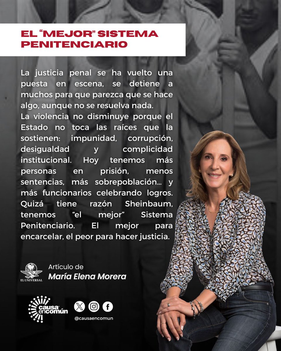 🔎 ¿Cuál es “el mejor sistema penitenciario”?
<a href="/MaElenaMorera/">Maria Elena Morera</a> expone las graves contradicciones entre el discurso oficial y la realidad que se vive en las cárceles de México.
Lee su columna en <a href="/El_Universal_Mx/">El Universal</a>:
📲 eluniversal.com.mx/opinion/maria-…