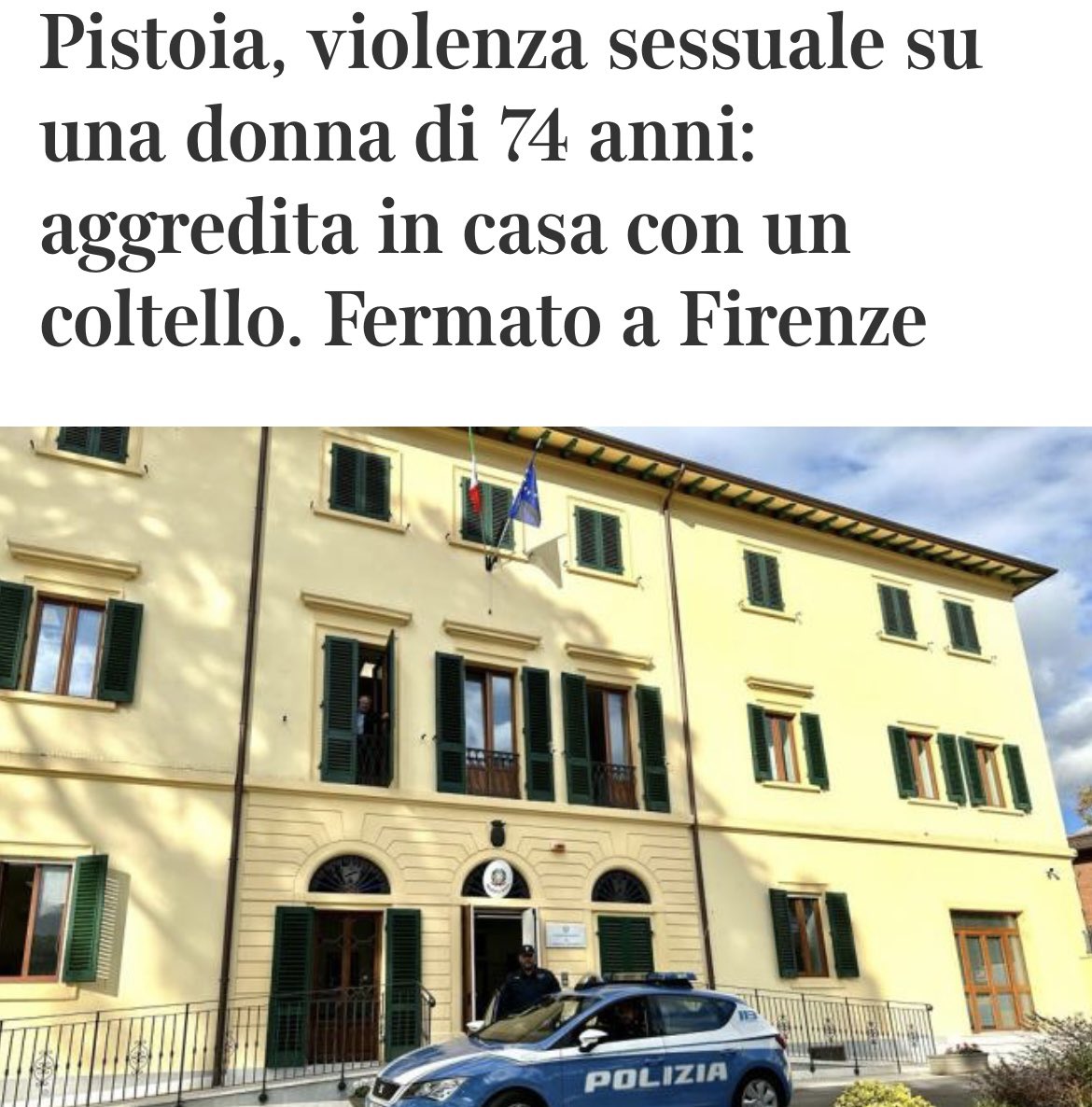 Pistoia:
Immigrato africano (Mali), aggredisce un ragazzo in un sottopassaggio.

Più tardi incrocia un’anziana di 74 anni, la spinge, la minaccia con un coltello e poi la violenta, il peggio viene evitato dalla figlia della vittima che accorre in aiuto della madre. 
Prima di
