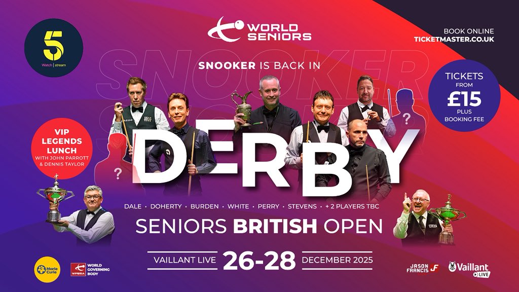 jimmywhite147's tweet image. Great to return to Derby after so many years. Fond memories. Starts Boxing Day @vaillantlive @Snookerlegends @worldseniorssnooker