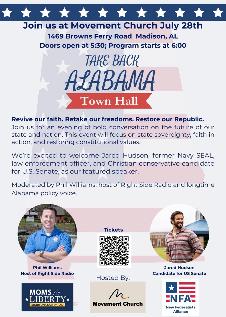 SenPhilWilliams's tweet image. Tonight I will be moderating a town hall in Madison with @JaredHudson_AL! This is the perfect opportunity to get to know Jared, who is running for Senate in 2026. Doors open at 5:30, and the event starts at 6. I hope to meet some of y'all there!