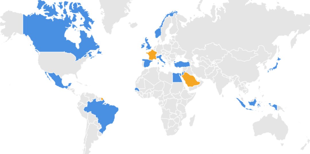 🇺🇳🇮🇱🇵🇸 Conférence internationale sur la Solution à deux Etats : les pays moteurs
- 2 Etats coprésidents 🇫🇷🇸🇦
- 15 Etats coprésidents des groupes de travail
🇧🇷🇨🇦🇪🇬🇪🇸🇮🇩🇮🇪🇮🇹🇯🇵🇯🇴🇲🇽🇳🇴🇶🇦🇬🇧🇸🇳🇹🇷