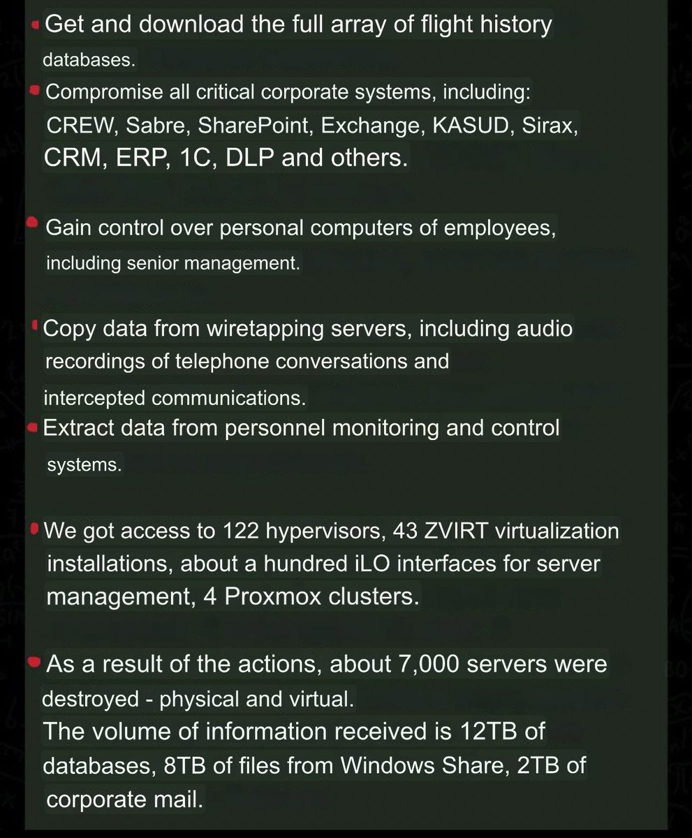 ✈️🥔 Aeroflot's internal IT infrastructure was destroyed by Belarusian hackers.

‼️ They spent a year inside Aeroflot's corporate network, methodically developing access, delving into the very core of the infrastructure.