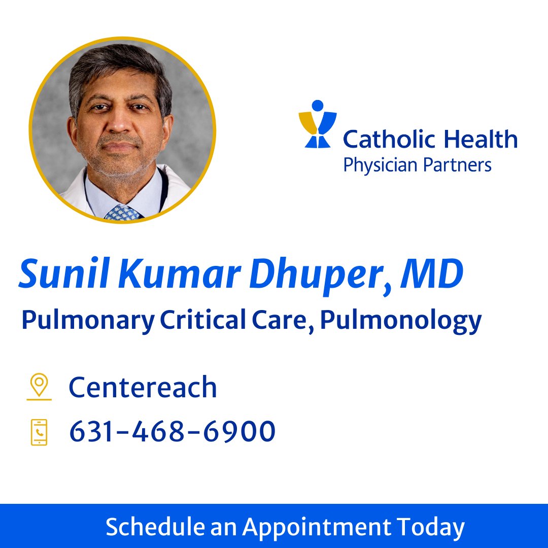 CHS_LI's tweet image. Catholic Health Physician Partners welcomes pulmonologist Dr. Sunil Kumar Dhuper. Learn more about his experience: bit.ly/4eIBXR7