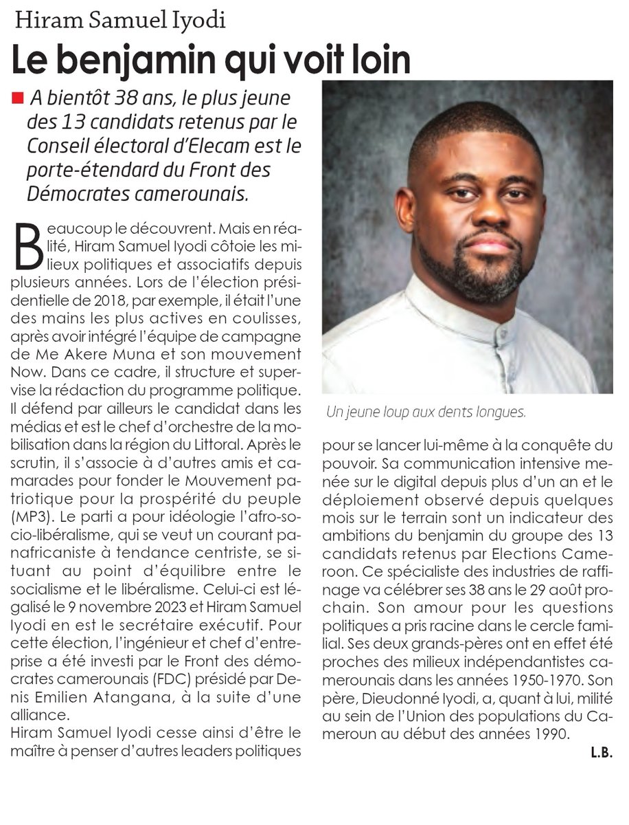 CamerounTribune's tweet photo. Hiram Samuel Iyodi : le benjamin qui voit loin

Beaucoup le découvrent. Mais en réalité, Hiram Samuel Iyodi côtoie les milieux politiques et associatifs depuis plusieurs années. Lors de la présidentielle de 2018, par exemple, il était l’une des mains les plus actives en coulisses https://t.co/KL3GWdqPZG