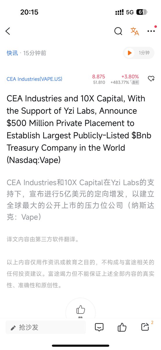 bxiaokang's tweet image. CEA Industries和10X Capital在Yzi Labs的支持下,宣布进行5亿美元的定向增发,以建立全球最大的公开上市的压力位公司
$BNB 的微策略竟然是 $VAPE
盘前已经暴涨5倍多了,还敢冲不?