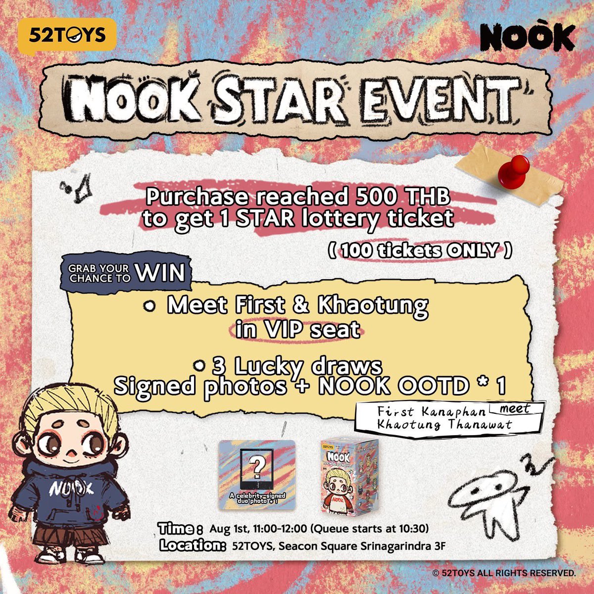 ForKhaotungg_'s tweet image. For 52TOYS Seacon Square GRAND OPENING DAY!
✨ NOOK STAR EVENT ✨
❤️ Meet First Kanaphan & Khaotung Thanawat ❤️
🕰️ Time: Aug 1st, 11:00-12:00
(Queue starts at 10:30)
🗺️ Location: 52 TOYS, Seacon Square Srinagarindra 3F
©️Facebook : 52Toys CandyBox
🔗…
