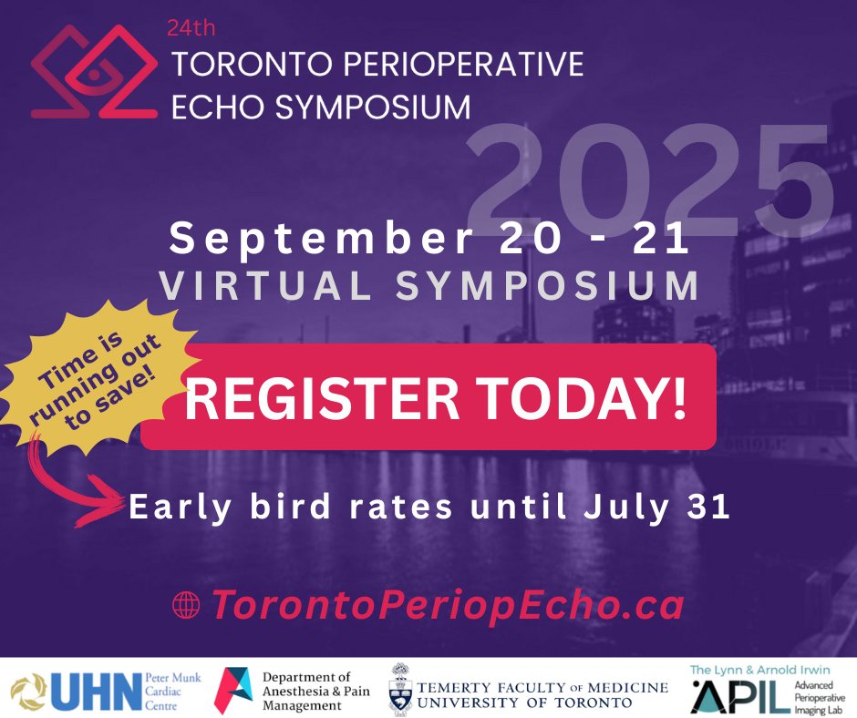 ON_Anesthesia's tweet image. 🕰️ Time is running out to save on  this year&apos;s Toronto Perioperative Echo Symposium! The early bird rate ends this Friday, August 1.

This virtual event ft. a 🌎 multi-disciplinary faculty that includes several of our members.

Learn more and register at TorontoPeriopEcho.ca