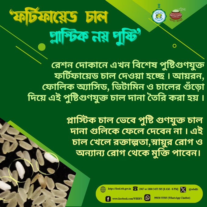 #আকাশবাণী_সংবাদ_কলকাতা
খাদ্য ও সরবরাহ দপ্তর, রেশন দোকানের মাধ্যমে বিনামূল্যে রেশন গ্রাহকদের ফর্টিফায়েড চাল বন্টন করে চলেছে।

#KhadyaSathi
#WestBengal