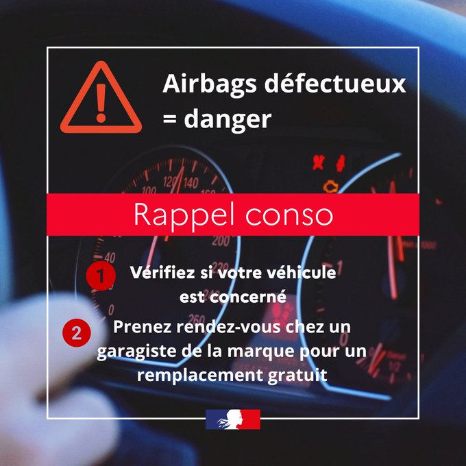 Préfet des Ardennes 🇫🇷🇪🇺 (@prefet08) on Twitter photo #Information | ⚠ Pour rappel, de nombreux véhicules équipés d’airbags de la marque Takata peuvent occasionner des blessures graves voire mortelles.
👉 Retrouvez les listes des modèles de véhicules concernés : ecologie.gouv.fr/rappel-airbag-…
<a href="/Ecologie_Gouv/">Ministères Territoires Écologie</a> #Information | ⚠ Pour rappel, de nombreux véhicules équipés d’airbags de la marque Takata peuvent occasionner des blessures graves voire mortelles.
👉 Retrouvez les listes des modèles de véhicules concernés : ecologie.gouv.fr/rappel-airbag-…
<a href="/Ecologie_Gouv/">Ministères Territoires Écologie</a>